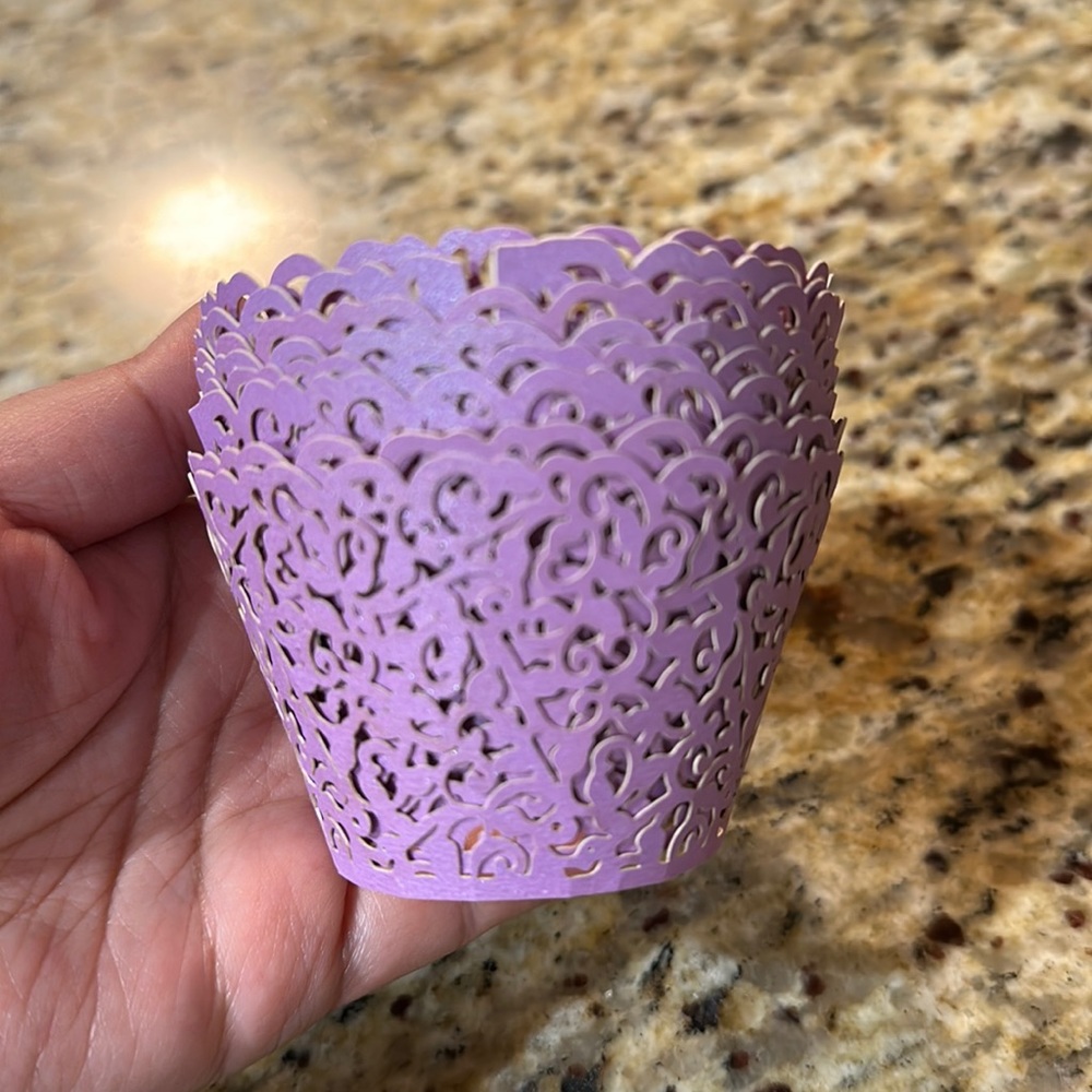 Decorative lavender laser cut cupcake holders liners
